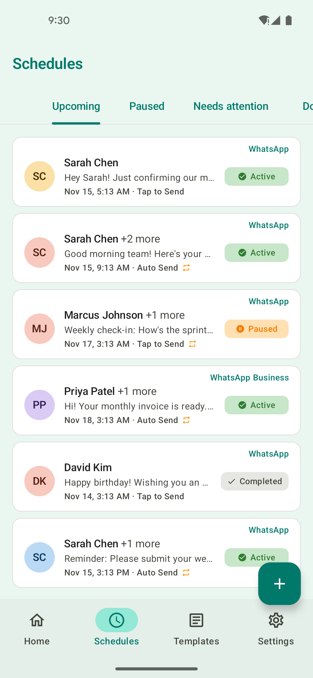 Schedules list showing active, paused, and completed WhatsApp messages